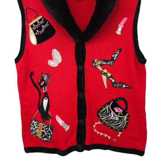 Lisa International Button Front Vest L Cat Purse Faux Fur Detachable Collar - Picture 9 of 16
